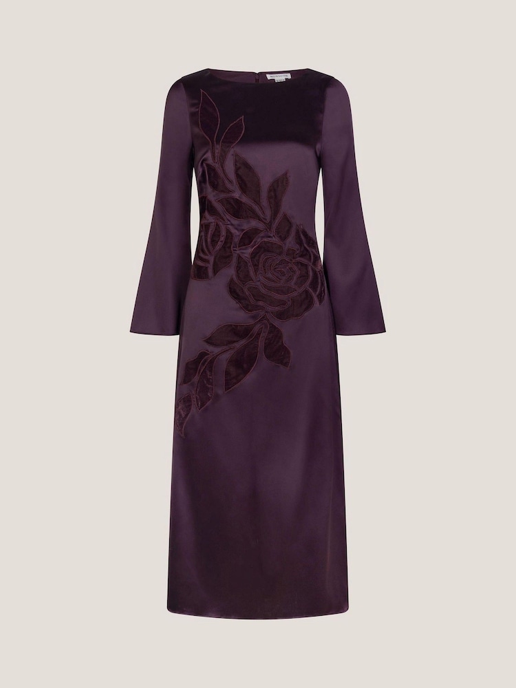 Monsoon Purple Callie Floral Satin Long Sleeve Midi Dress - Image 5 of 5