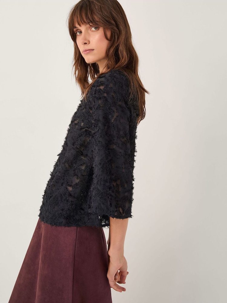 Monsoon Black Chrissy Sheer Textured ¾ Sleeve Top - Image 2 of 5 Monsoon Black Chrissy Sheer Textured ¾ Sleeve Top - Image 2 of 5