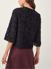 Monsoon Black Chrissy Sheer Textured ¾ Sleeve Top - Image 3 of 5