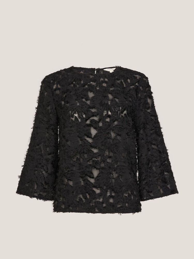 Monsoon Black Chrissy Sheer Textured ¾ Sleeve Top - Image 5 of 5