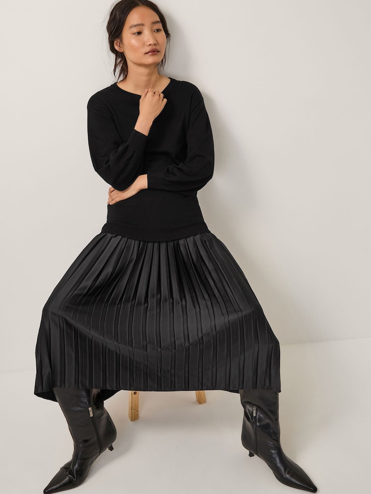 Monsoon Black Fia Jumper Pleated Midi Dress - Image 2 of 5 Monsoon Black Fia Jumper Pleated Midi Dress - Image 2 of 5