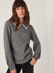 Monsoon Grey Caryn Embellished Collar Jumper - Image 1 of 4