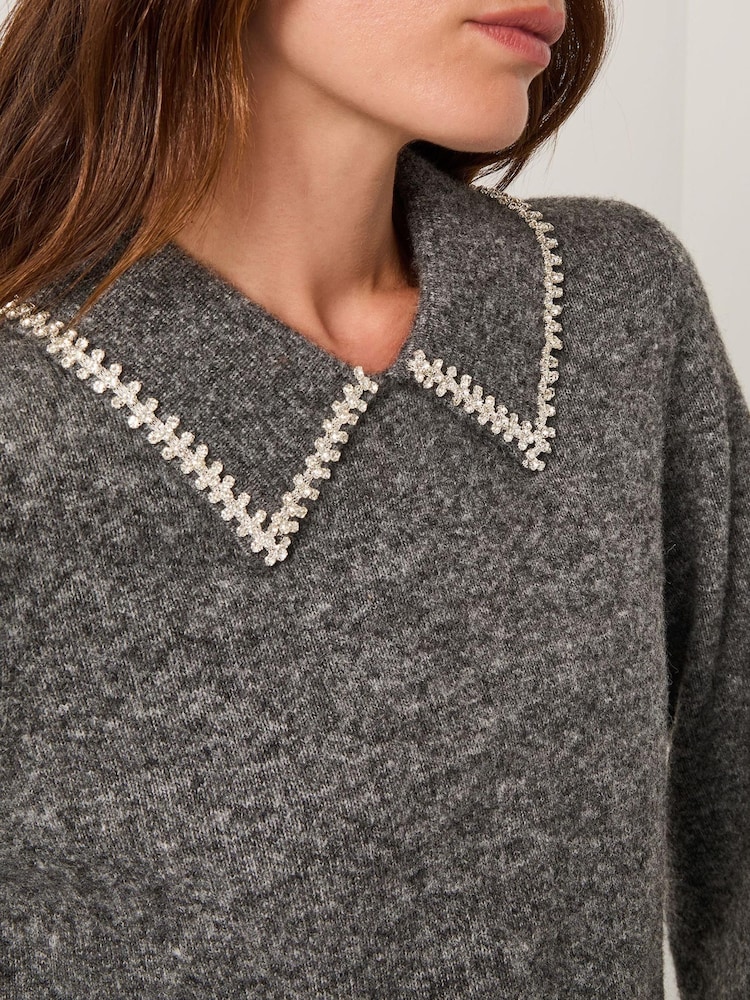 Monsoon Grey Caryn Embellished Collar Jumper - Image 2 of 4 Monsoon Grey Caryn Embellished Collar Jumper - Image 2 of 4