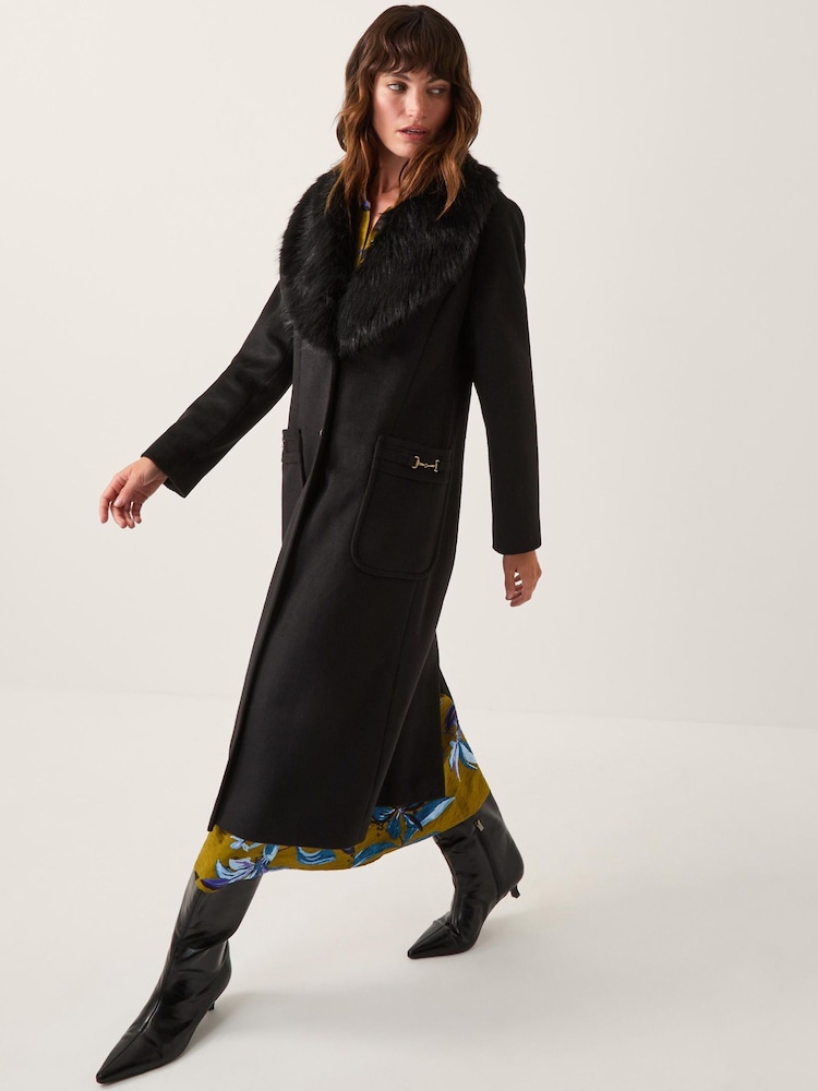 Monsoon Black Fearne Faux Fur Collar Long Coat - Image 1 of 4 Monsoon Black Fearne Faux Fur Collar Long Coat - Image 1 of 4