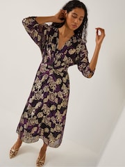 Monsoon Purple Georgie Metallic Floral Midi Dress - Image 2 of 4