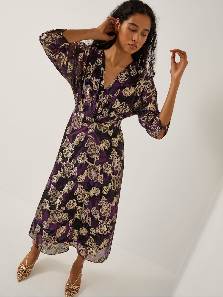Monsoon Purple Georgie Metallic Floral Midi Dress - Image 2 of 4 Monsoon Purple Georgie Metallic Floral Midi Dress - Image 2 of 4