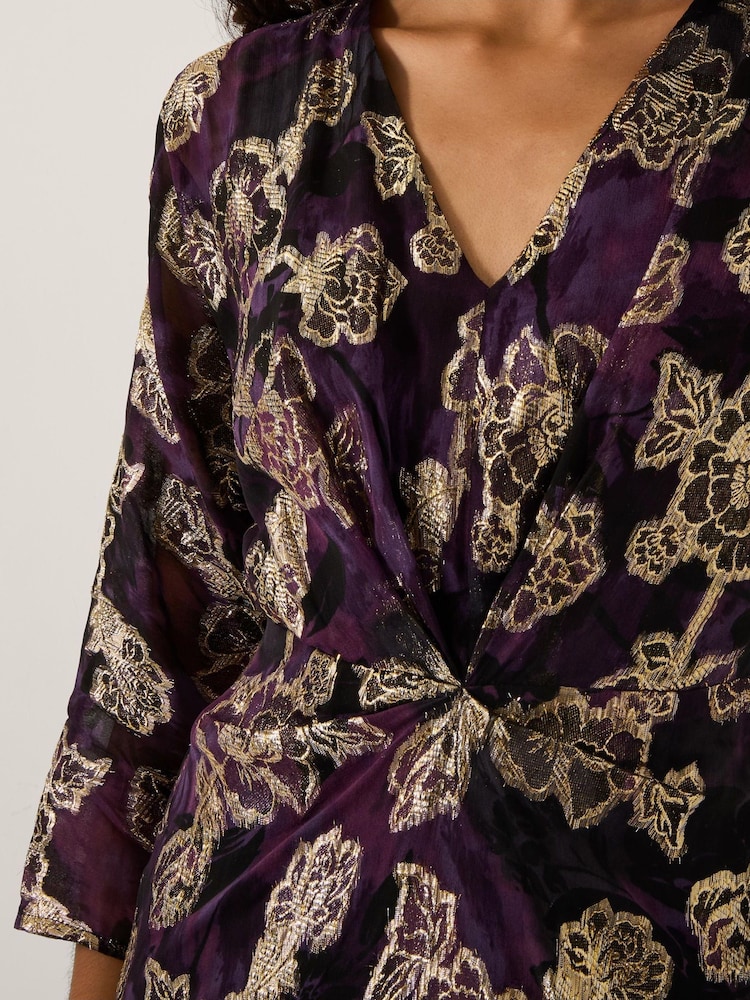 Monsoon Purple Georgie Metallic Floral Midi Dress - Image 4 of 4