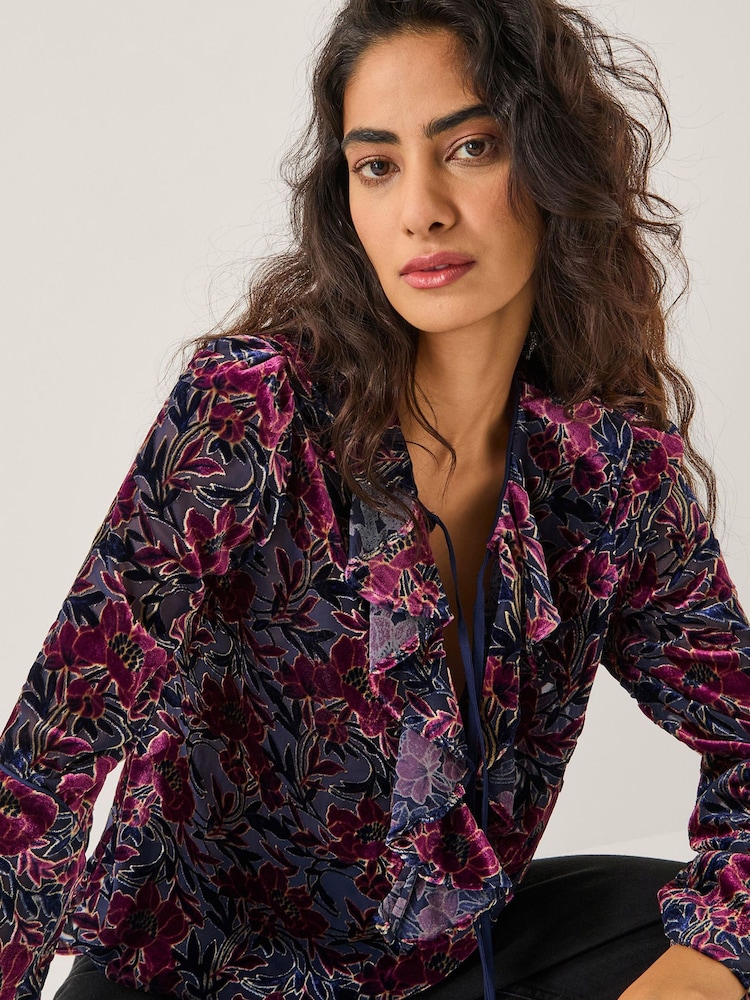 Monsoon Purple Milena Devoré Ruffle Blouse - Image 1 of 5 Monsoon Purple Milena Devoré Ruffle Blouse - Image 1 of 5