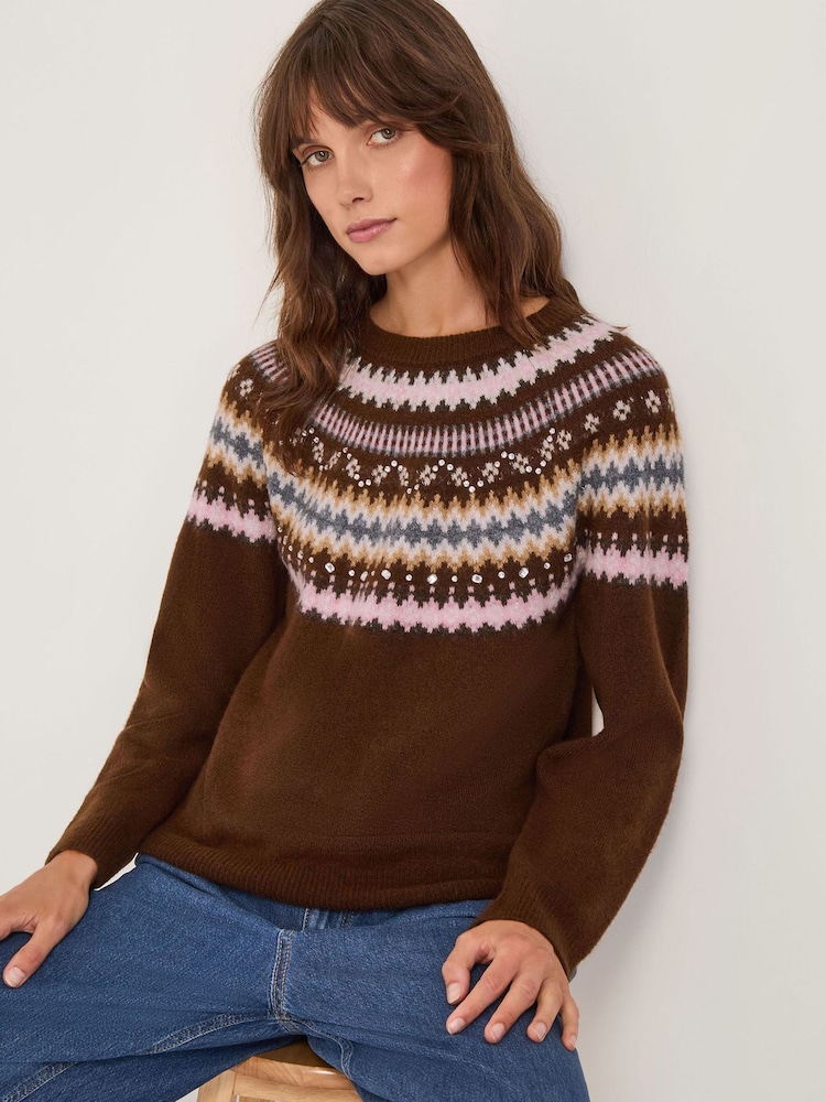 Monsoon Brown Fran Embellished Fair Isle Jumper - Image 1 of 5