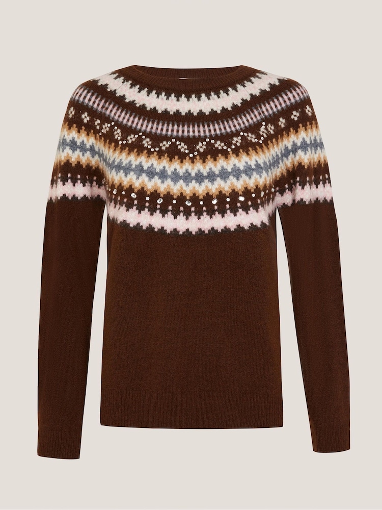 Monsoon Brown Fran Embellished Fair Isle Jumper - Image 5 of 5