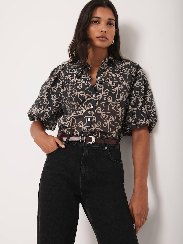 Mint Velvet Black Bow Print Cropped Shirt - Image 1 of 7