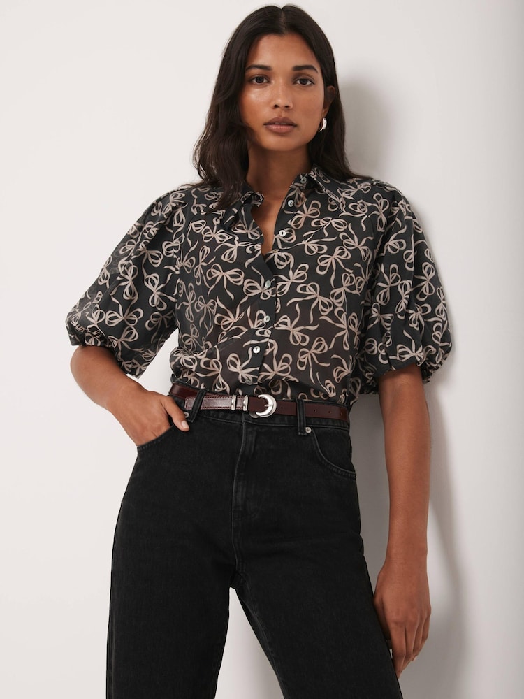 Mint Velvet Black Bow Print Cropped Shirt - Image 2 of 7