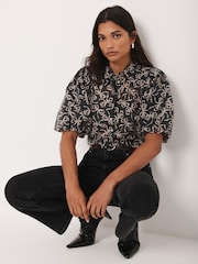 Mint Velvet Black Bow Print Cropped Shirt - Image 3 of 7