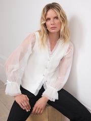 Mint Velvet White Sheer Sleeve Cardigan - Image 1 of 8