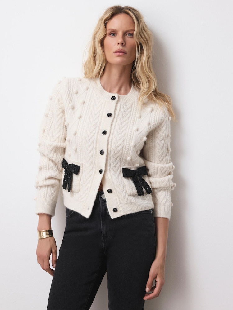 Mint Velvet Cream Bow Detail Wool Blend Cardigan - Image 1 of 8 Mint Velvet Cream Bow Detail Wool Blend Cardigan - Image 1 of 8