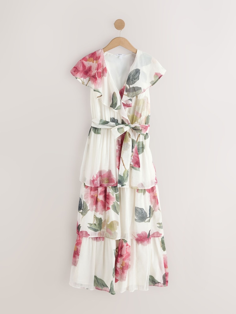 Impression florale Ecru - Robe mi-longue à col en V à volants Grande occasion - Image 1 de 3