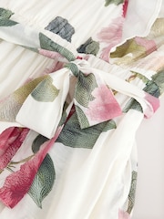 Ecru Floral Print Occasion Ruffle V-Neck Midi Dress - Image 6 of 7