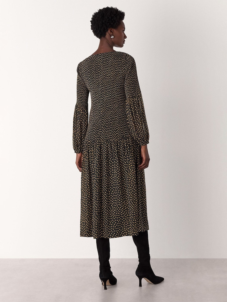 Whistles Black Spot Print Plisse Midi Dress - Image 2 of 5