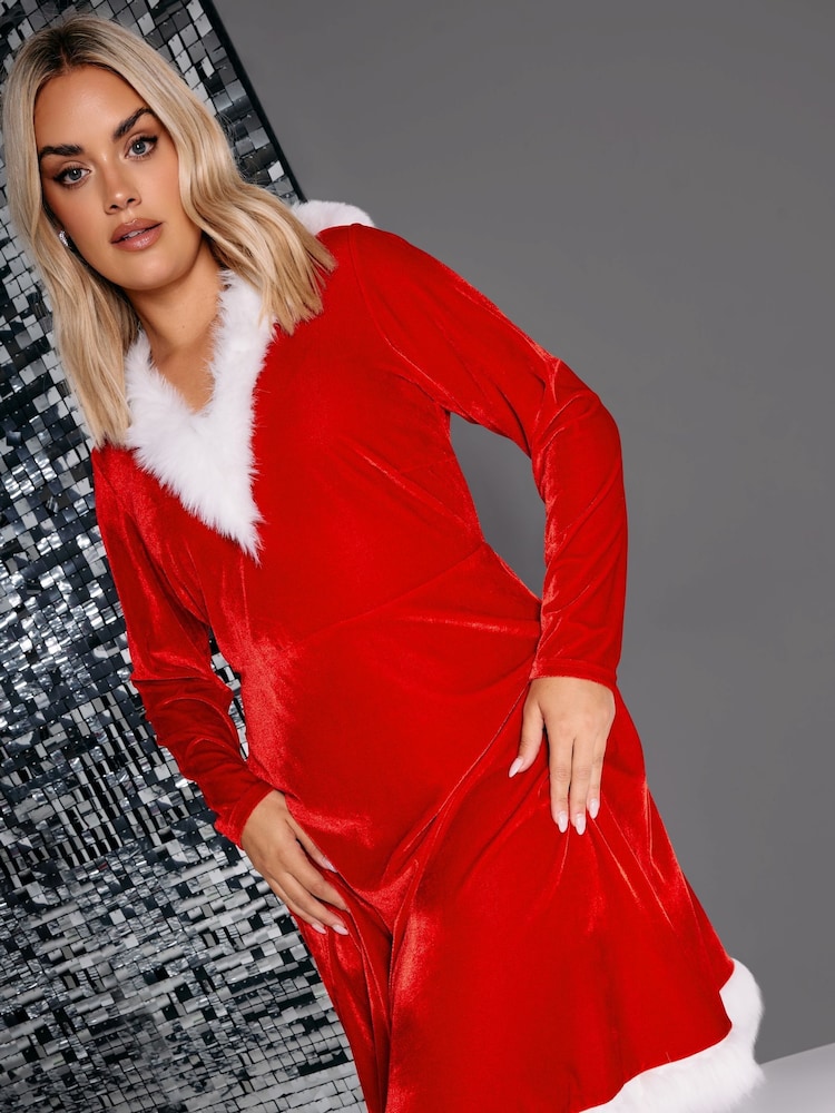 Yours Curve Red Velvet Santa Dress - Image 1 of 5