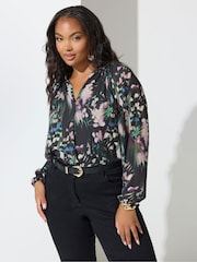 Yours Curve Black London Abstract Print Pleated Blouse - Image 1 of 4