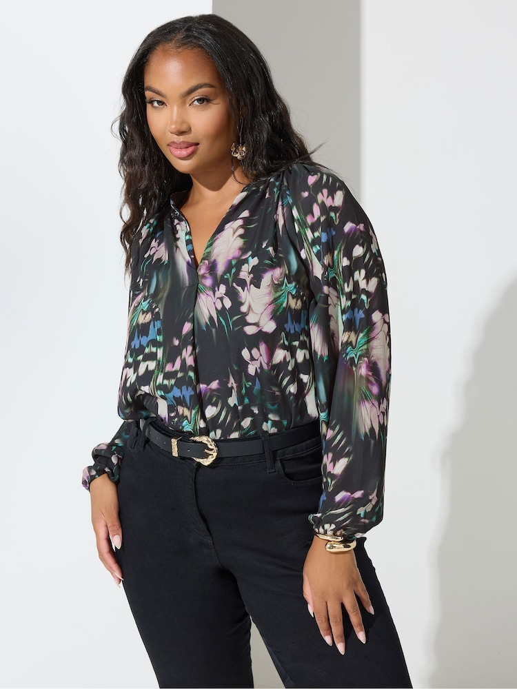 Yours Curve Black London Abstract Print Pleated Blouse - Image 1 of 4
