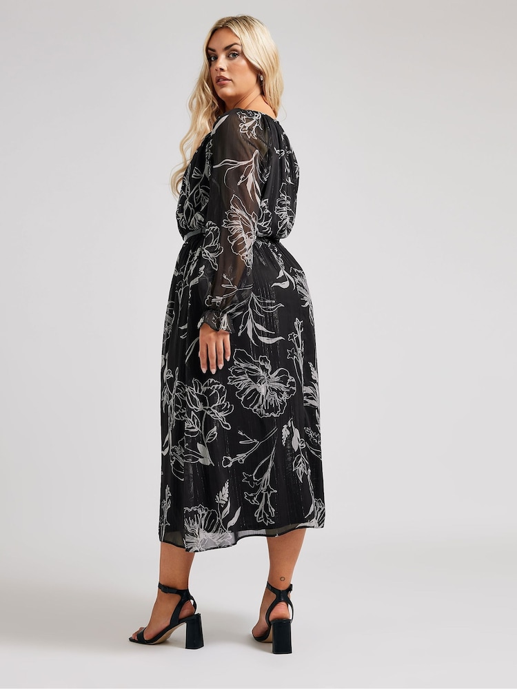 Yours Curve Black London Floral Print Metallic Midaxi Dress With Belt - Image 5 of 5 Yours Curve Black London Floral Print Metallic Midaxi Dress With Belt - Image 5 of 5