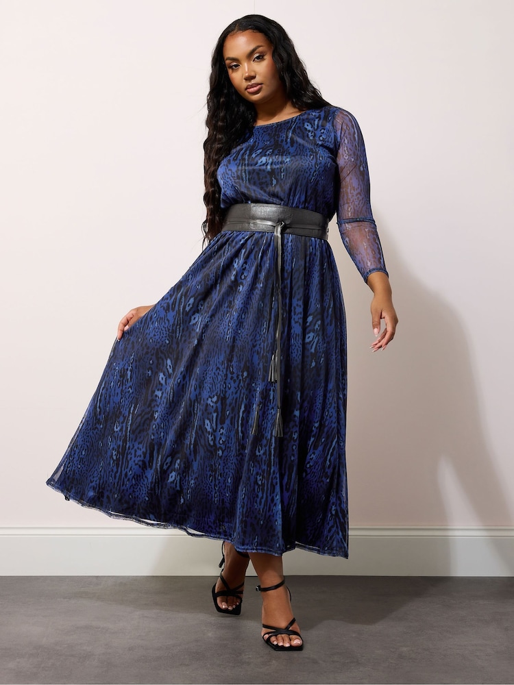 Yours Curve Blue London Animal Print Mesh Maxi Dress With Belt - Image 1 of 4