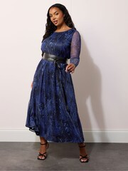 Yours Curve Blue London Animal Print Mesh Maxi Dress With Belt - Image 2 of 4
