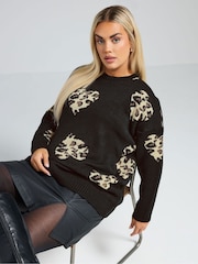 Yours Curve Black Leopard Print Heart Jumper - Image 1 of 4
