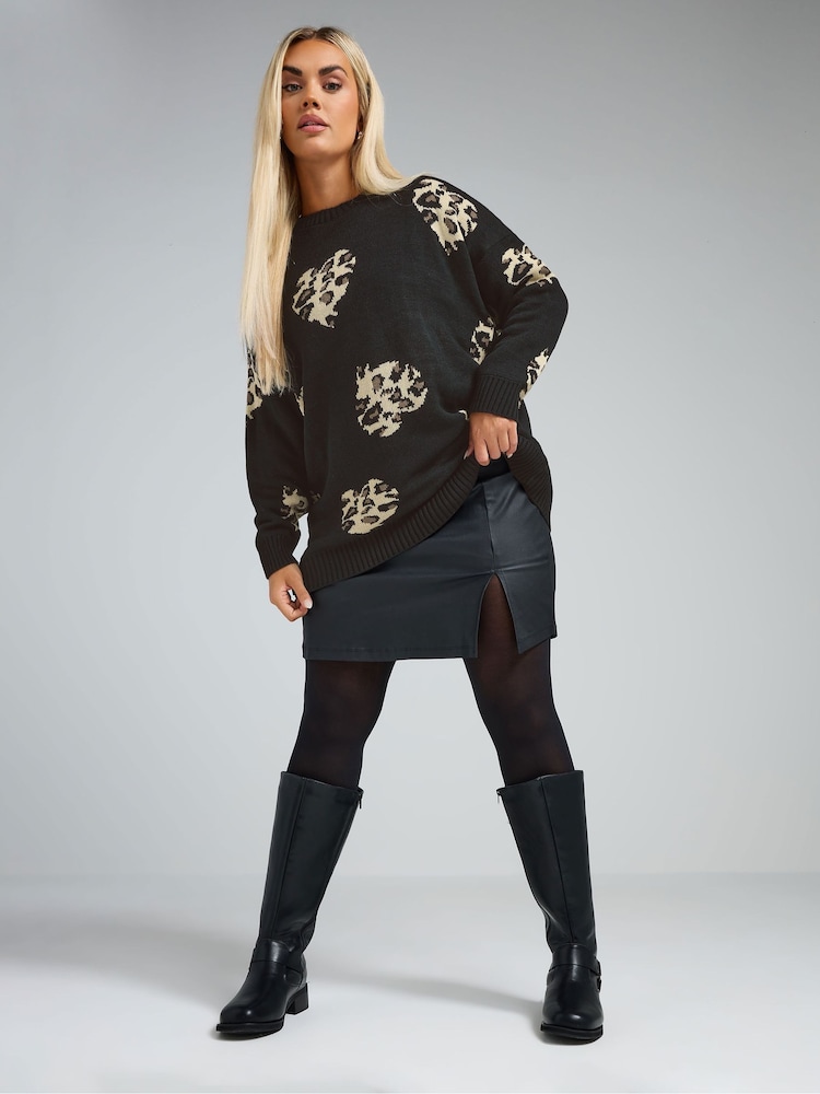Yours Curve Black Leopard Print Heart Jumper - Image 2 of 4