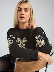 Yours Curve Black Leopard Print Heart Jumper - Image 4 of 4