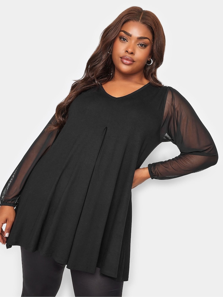 Yours Curve Black Long Sleeve Mesh Pleated Swing Top - Image 1 of 5