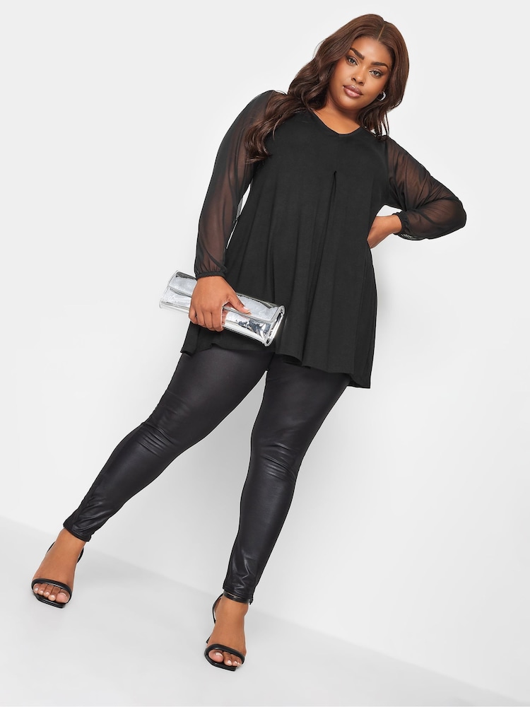 Yours Curve Black Long Sleeve Mesh Pleated Swing Top - Image 2 of 5