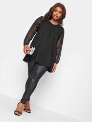 Yours Curve Black Long Sleeve Mesh Pleated Swing Top - Image 3 of 5