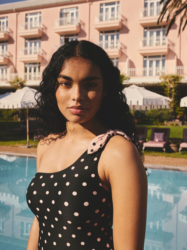 Cath Kidston Monochrome One Shoulder Polka Dot Swimsuit - Image 5 of 5