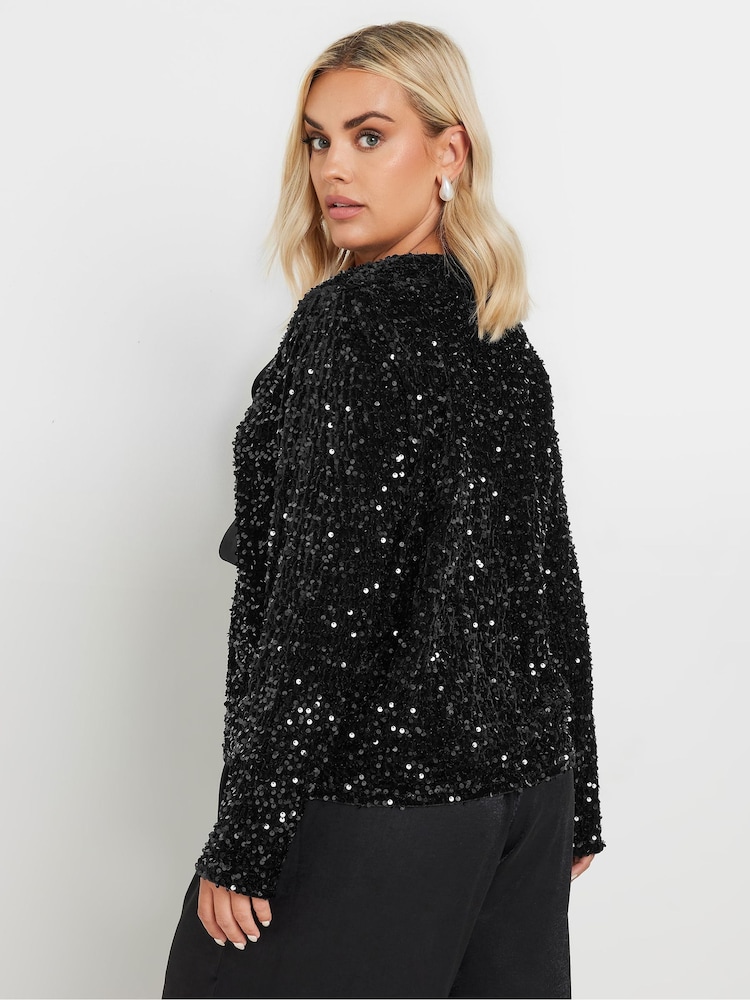 Yours Curve Black Velvet BowTie Front Sequin Jacket - Image 4 of 4 Yours Curve Black Velvet BowTie Front Sequin Jacket - Image 4 of 4