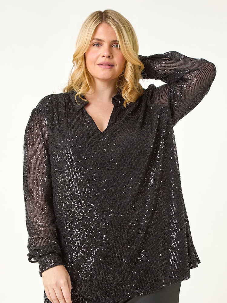 Roman Black Curve Sequin V-Neck Stretch Shirt - Image 1 of 5