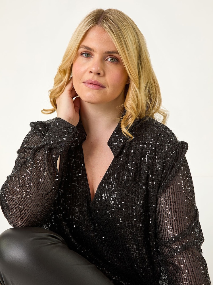 Roman Black Curve Sequin V-Neck Stretch Shirt - Image 2 of 5