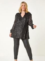 Roman Black Curve Sequin V-Neck Stretch Shirt - Image 3 of 5