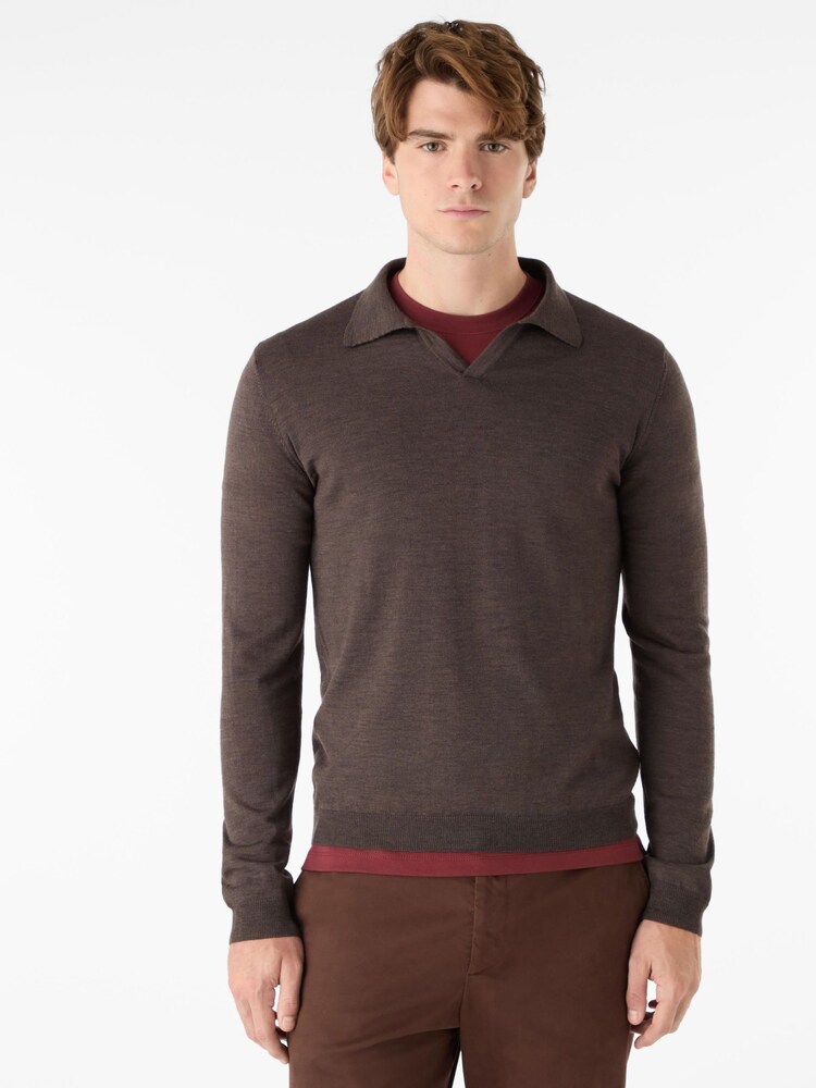 Oliver Sweeney Merino Wool Buttonless Polo Brown Jumper - Image 1 of 5 Oliver Sweeney Merino Wool Buttonless Polo Brown Jumper - Image 1 of 5