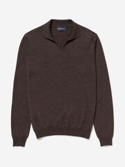 Oliver Sweeney Merino Wool Buttonless Polo Brown Jumper - Image 3 of 5