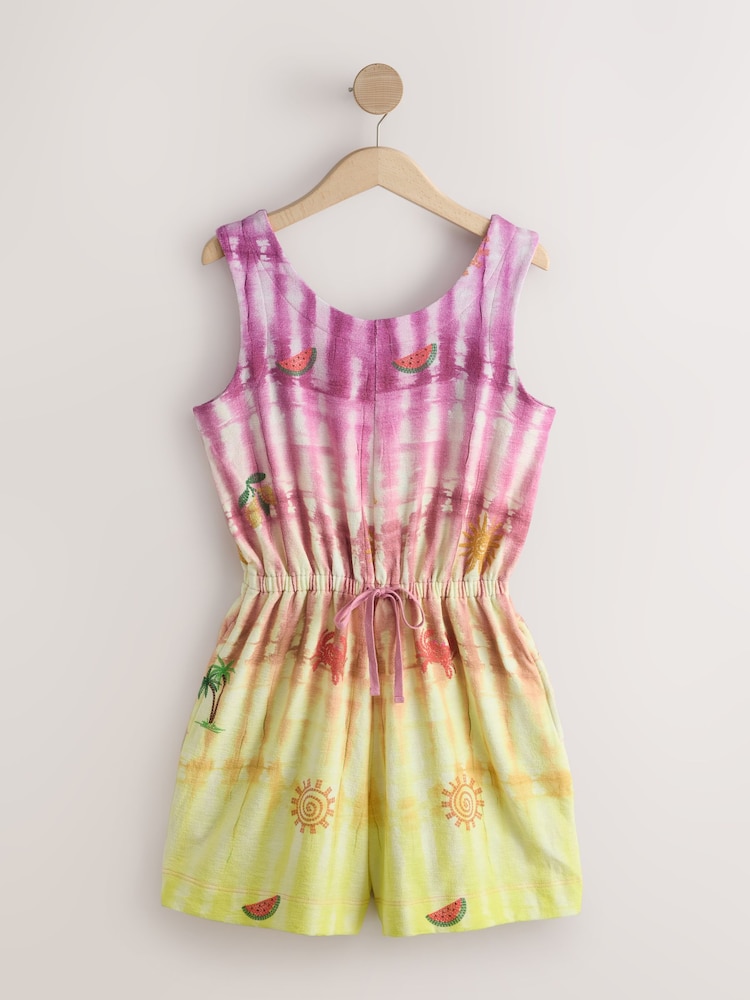 Pink Tie Dye Sleeveless Tie Waist Cotton Playsuit - Image 1 of 3 Pink Tie Dye Sleeveless Tie Waist Cotton Playsuit - Image 1 of 3