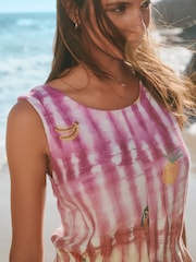 Pink Tie Dye Sleeveless Tie Waist Cotton Playsuit - Image 4 of 8