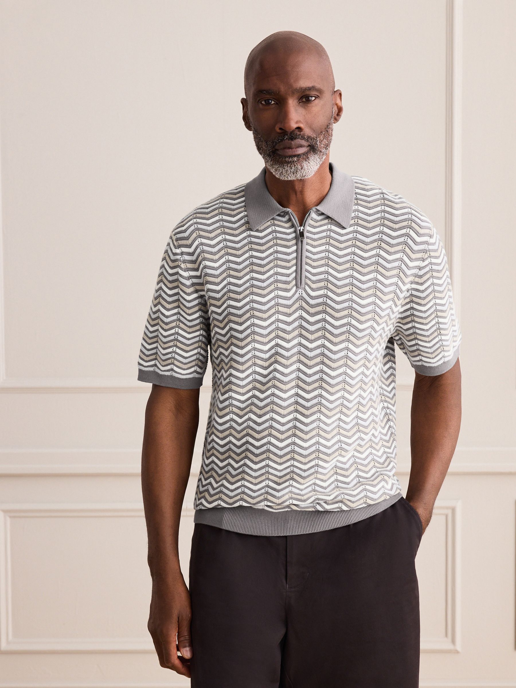 トップス second layer 23ss s/s open knit polo Buy Grey Signature Cotton Zig Zag Knit Zip Polo Shirt from Next