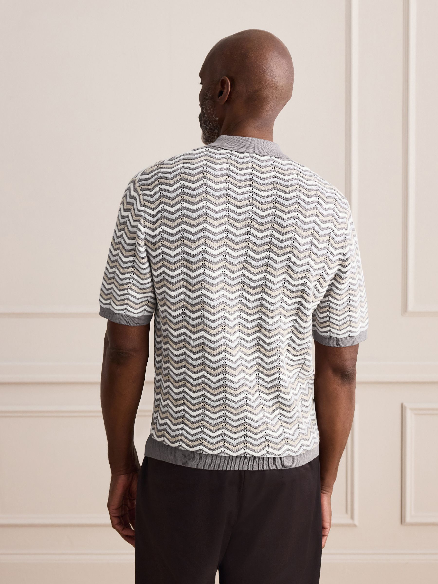 Buy Grey Signature Cotton Zig Zag Knit Zip Polo Shirt from Next