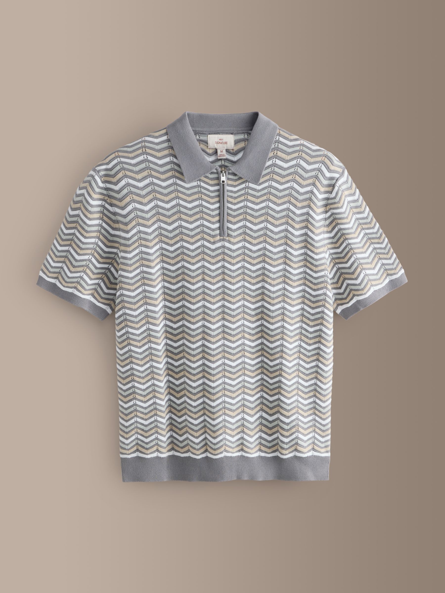 Buy Grey Signature Cotton Zig Zag Knit Zip Polo Shirt from Next