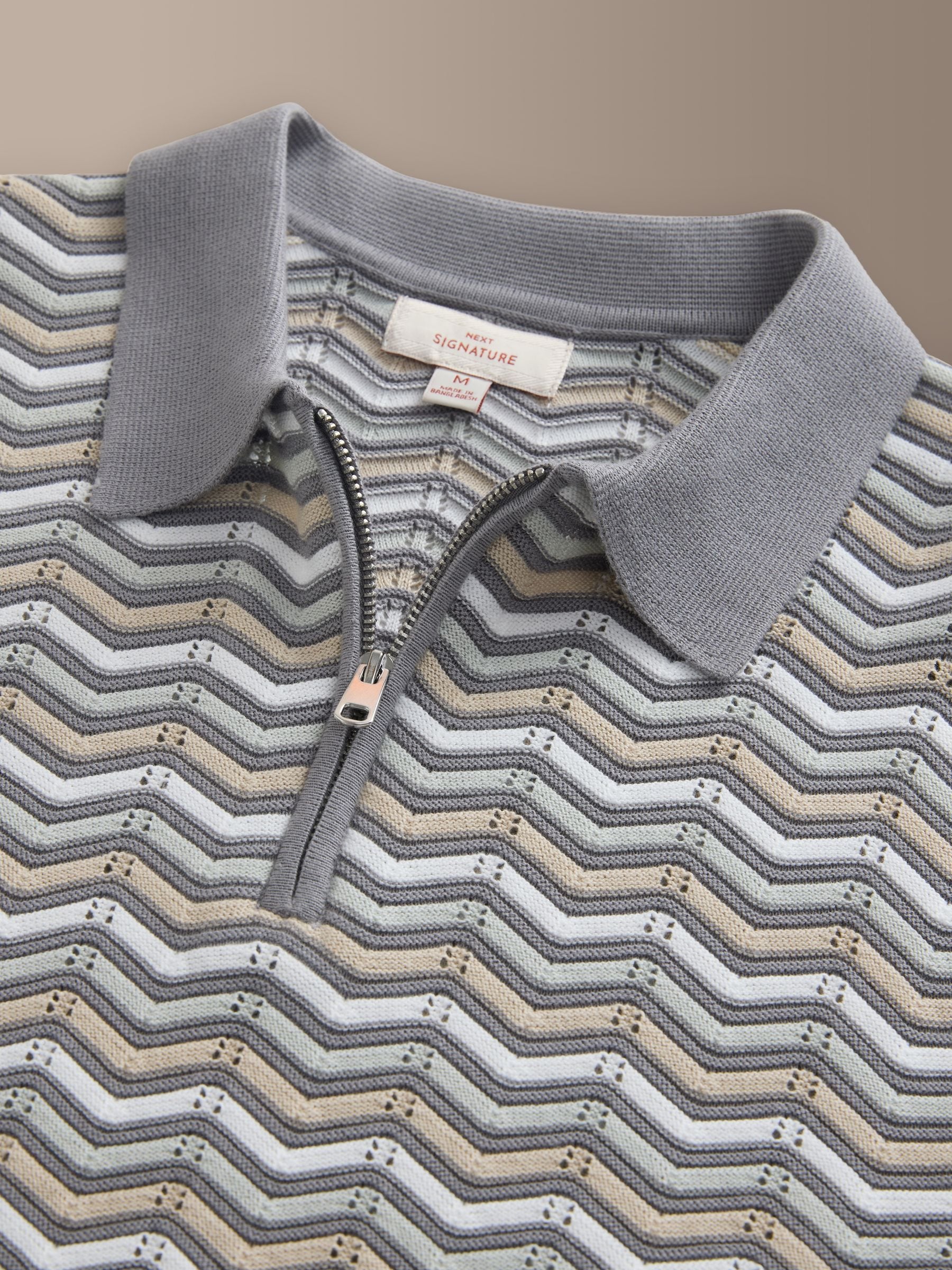 Buy Grey Signature Cotton Zig Zag Knit Zip Polo Shirt from Next
