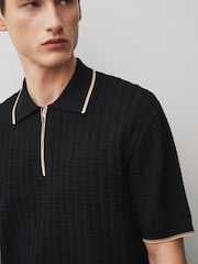 Negro - N.Premium Tipped Waffle Knit Zip Neck Polo Shirt - Imagen 1 de 8