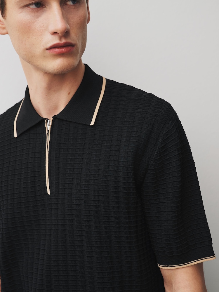 Negro - N.Premium Tipped Waffle Knit Zip Neck Polo Shirt - Imagen 1 de 8