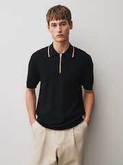 Negro - N.Premium Tipped Waffle Knit Zip Neck Polo Shirt - Imagen 2 de 8